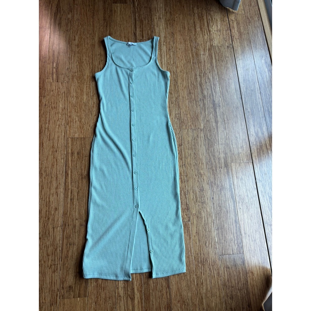 Iris Sage Green Ribbed Button Down Midi Dress Sleeveless Bodycon Small